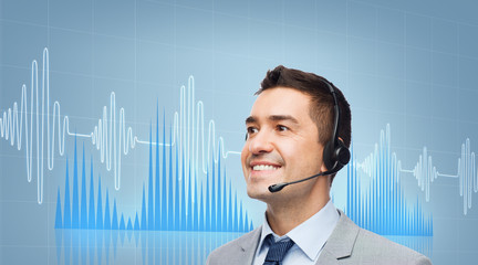 Poster - businessman in headset over sound wave or diagram