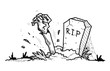 Grave Doodle, a hand drawn vector doodle illustration of a grave with the arm of a zombie sticking out from the ground.