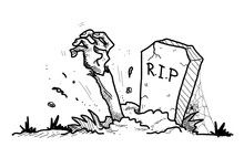 Grave Doodle, a hand drawn vector doodle illustration of a grave with the arm of a zombie sticking out from the ground.