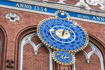 detail of astronomical clock on the house of blackheads, riga, l