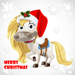 Poster - Merry Christmas card with cute white baby horse