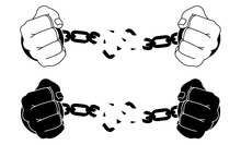 Male Hands Breaking Steel Handcuffs. Black And White