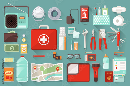 Fotografía Survival emergency kit for evacuation, vector objects set on white background