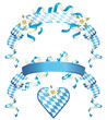 Oktoberfest ornate satin ribbon banners in Bavarian flag design with edelweiss, streamers and heart badge isolated on white