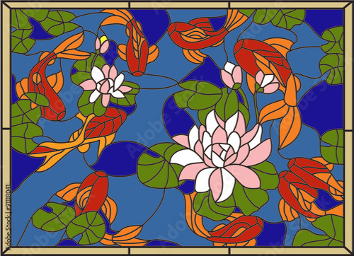 Fototapeta na wymiar Stained with fish on the background of flowers and leaves.Vector