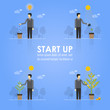 Business Timeline Infographics Design Emphasizing Businessman Planting Tree Concept on Light Blue Background. Vector image.