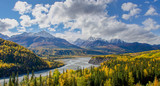 Fototapeta Natura - The Matanuska River flows below the Chugach Mountains in Alaska