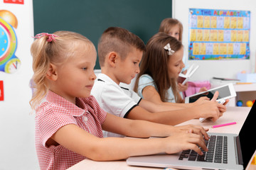 Group of children at laptop in the classroom