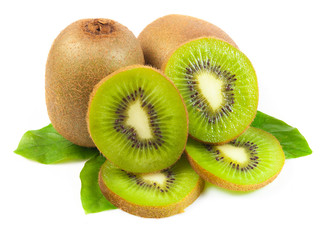 Sticker - Juicy kiwi fruit and leaves isolated on white