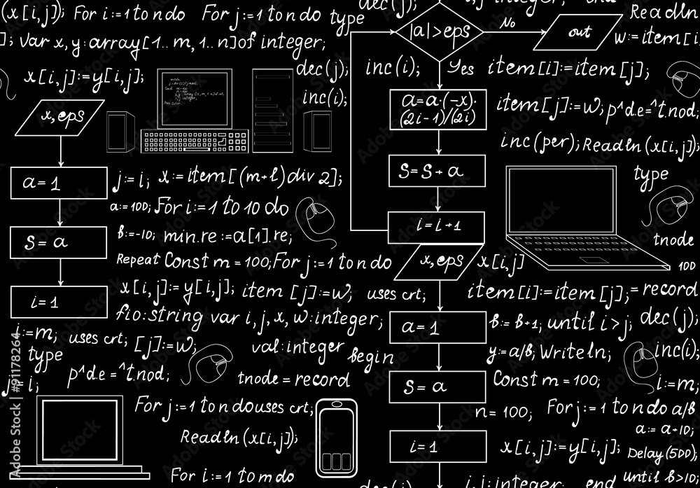 Programming technical seamless pattern with programming code, program ...