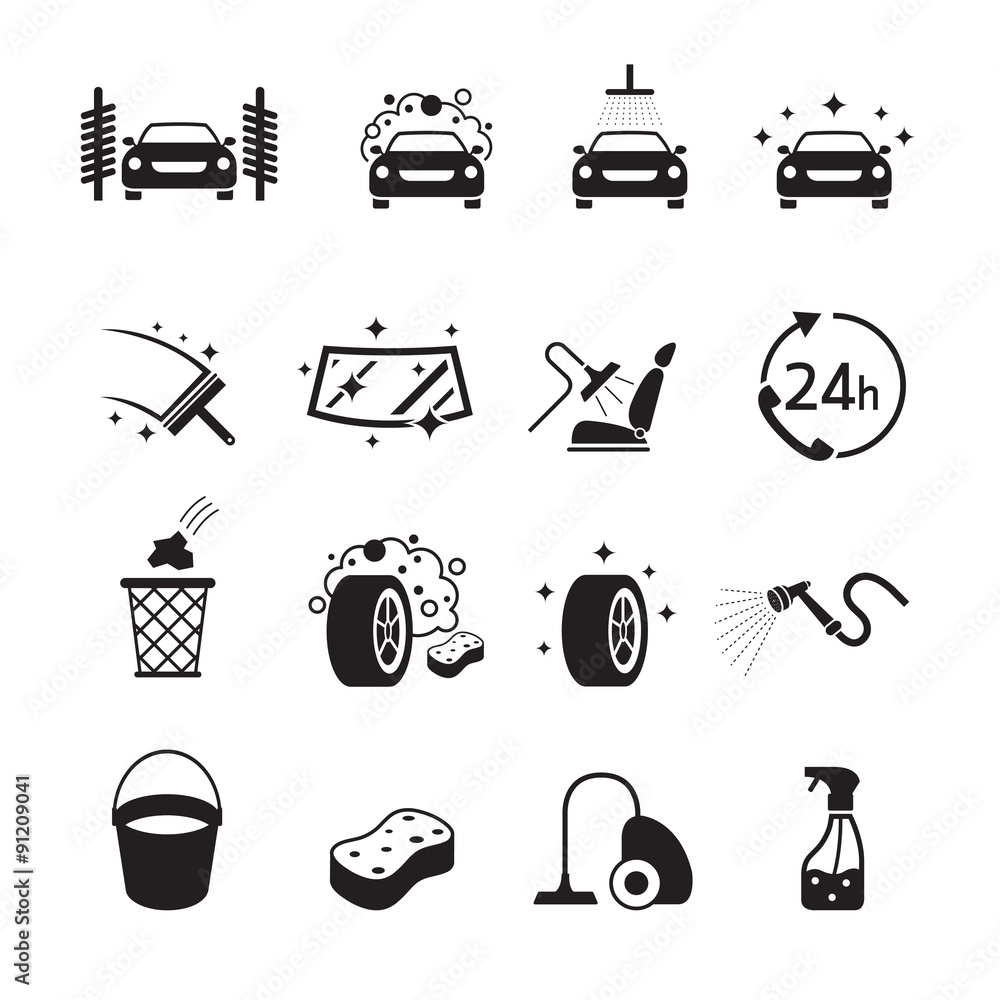 Car Wash Objects icons Set, Black and white, Silhouette, Car Care ...