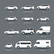 Car Type And Model Objects Icons Set, White Body Color, Automobile,