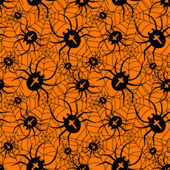 Spiders Web Halloween Seamless Pattern Back Silhouette Orange