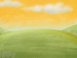 Pastel background, meadow with clouds on the yellow sky. Digital background raster illustration. 