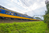 Fototapeta  - Passenger train driving at high speed in summer
