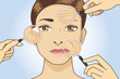 A magnifier on hand magnifying the woman facial to finding wrinkle around her face area.