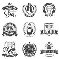 Wall Mural - Set of Retro Vintage Beer Badges, Labels, Logos. Black and White Vector Illustration