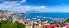 Panorama Of Naples, View Of The Port In The Gulf Of Naples And Mount Vesuvius. The Province Of Campania. Italy.