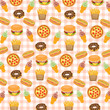 Fast food background with doughnut, hotdog, ice cream, burger, fries, pizza, vector illustration.