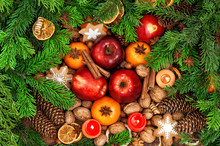 Christmas Food Backdround. Fruits, Spices And Cookies