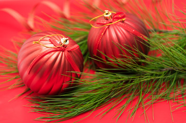 Wall Mural - Christmas tree branch with red baubles