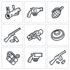 Various types of weapons icons set. Vector Illustration.