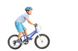 Llittle boy with blue helmet riding a small blue bike isolated o