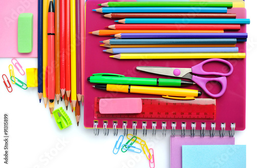 Fotografie, Obraz Office and student accessories on a white. Back to school concep