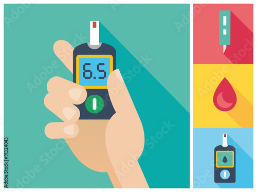 Fotografía Diabetes Flat icon set - Blood Glucose Test - Hand holding Glucose Meter