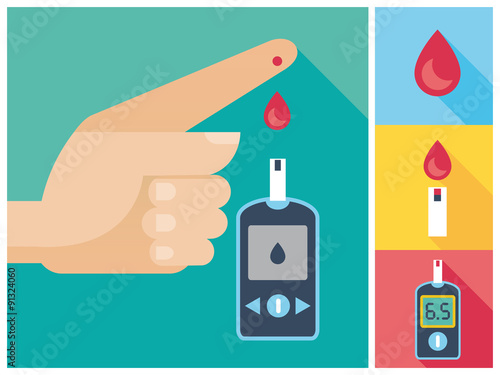 Fotografía Diabetes Blood Glucose Test - Hand applying blood drop to test strip of Glucose