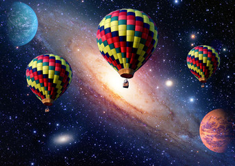 Wall Mural - Hot air balloon surreal wonderland fairy tale landscape fantasy planets. Elements of this image furnished by NASA.