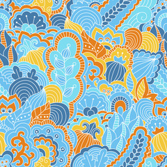  Hand drawn seamless pattern with floral elements. Colorful background. Pattern can be used for fabric, wallpaper or wrapping.
