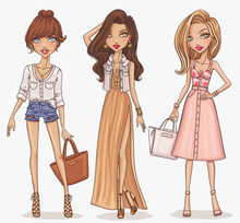 Beautiful And Stylish Fashion Girl Set. Hand Drawn Girls In Spring-summer Outfits. Vector Illustration.
