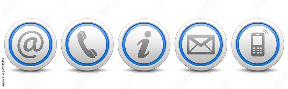 Contact Us – Set of light gray buttons with reflection & blue - obrazy, fototapety, plakaty 