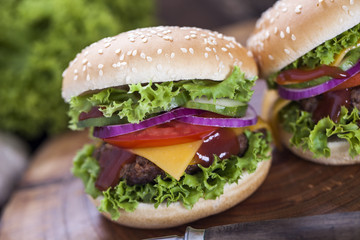 Beef burgers on a wooden board with aromatic spices