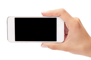 hand holding white smartphone with blank screen on white backgro