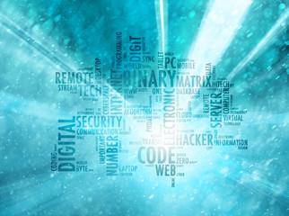 Wall Mural - Conceptual internet or web binary code blue color word cloud with bright bokeh nature blurry light background.