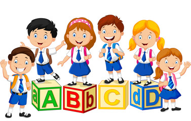 happy school kids with alphabet block
