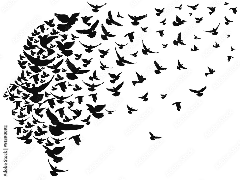 doves flying away with human head - obrazy, fototapety, plakaty 