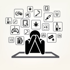 addict man and set of addiction symbols, outlined vector sketch