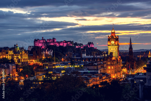 Plakat Edynburg kasztel i pejzaż miejski przy nocą, Szkocja UK
