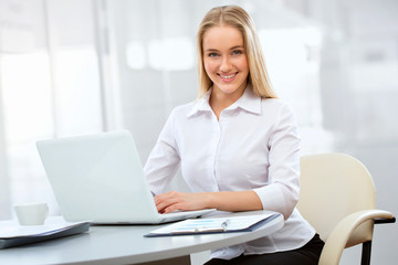 Poster - Young business woman using laptop