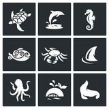 Fototapeta Sypialnia - Inhabitants of the sea and ocean icons set. Vector Illustration.