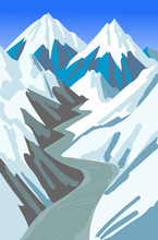 The Road Into Mountains.Vector Illustration Of The Road Aiming For A Horizon In Snowy Mountains, With A Blue Sky In The Background. 