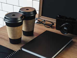 Wall Mural - Blank elements on the table with camera, glasses. 3d render