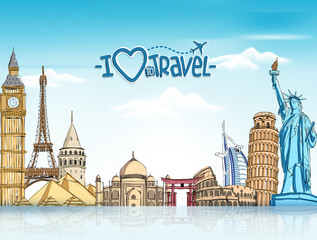 Wall Mural - travel and tourism background with famous world landmarks in 3d realistic and sketch