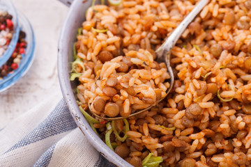 ice with lentils and leeks.selective focus