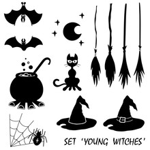 Vector Set Young Witches From Black Brush Elements