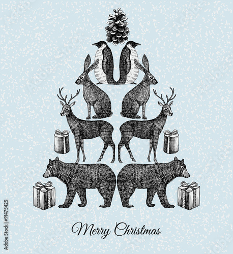 Photo Christmas tree. Hand drawn animal mirror print