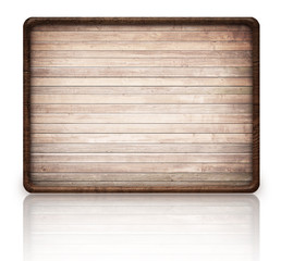 Wall Mural - brown wooden rectangle signboard and reflection on glass table